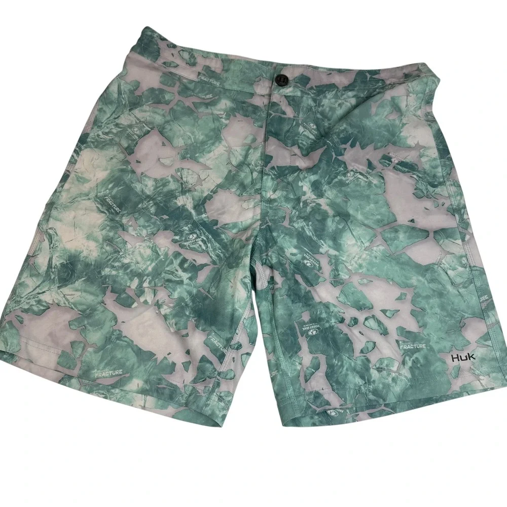 Huk Mens Mossy Oak Fracture Camo Fishing Board Shorts Aqua Grey H2000138 Size 36